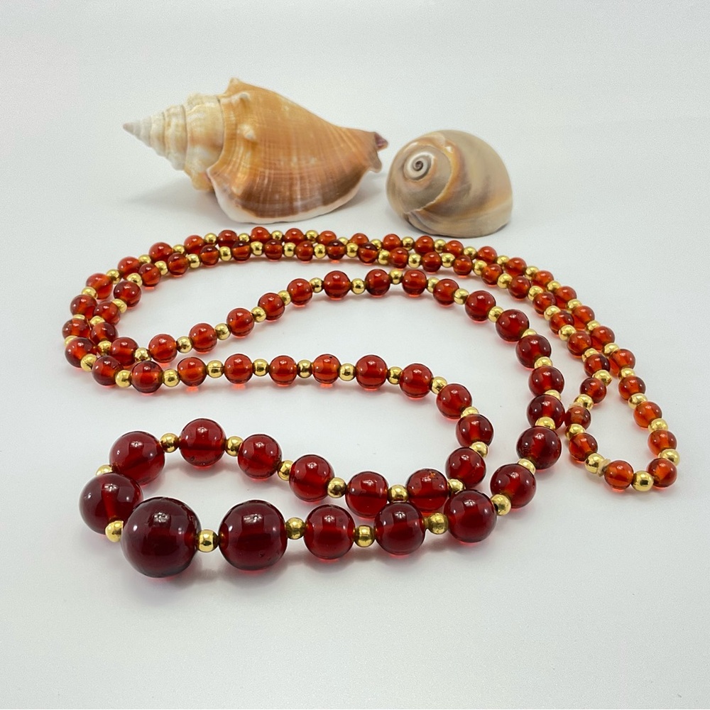 VTG, Lamp Work Glass & Gold Bead Necklace, Root Beer Color, Rope Length, 36"